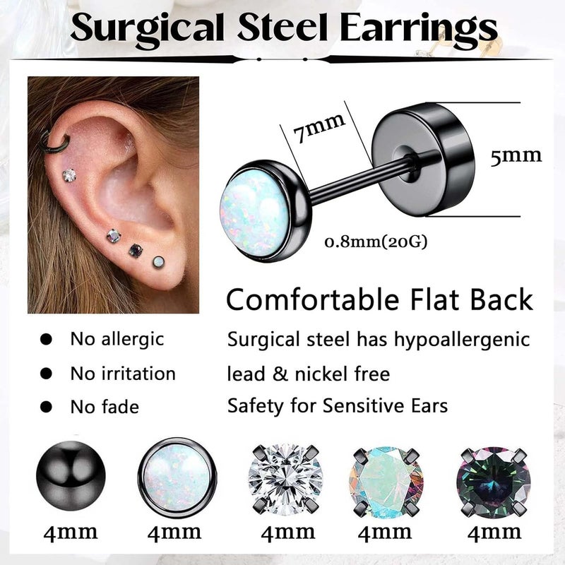 Jstyle Surgical Steel Earrings for Sensitive Ears Hypoallergenic 20G Stainless Steel Stud Hoop Earrings for Women Men Small Opal Ball CZ Surgical Steel Flat Back Earrings Cartilage Earrings Hoop Stud - Image 5